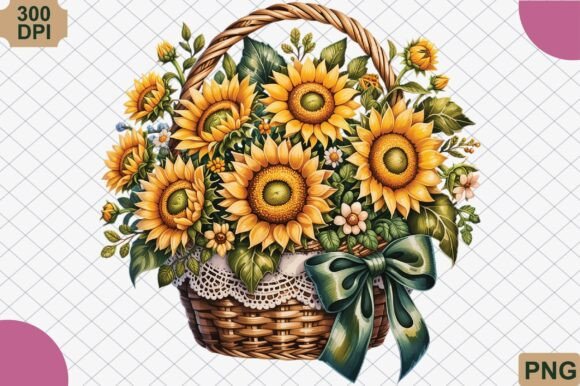 Bringing Rustic Elegance to Life with the Floral Basket with Sunflowers Bow PNG