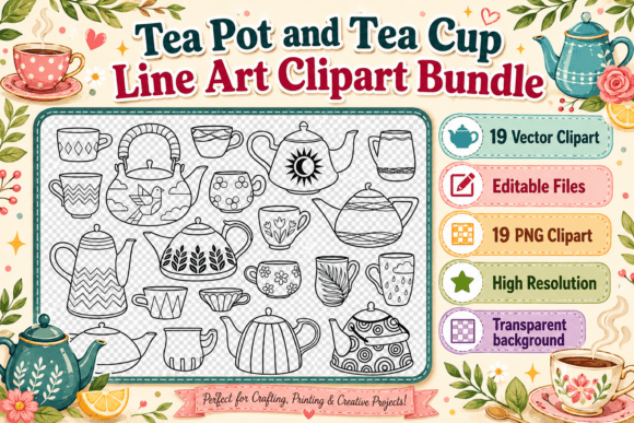 Elevate Your Creative Projects with the Tea Pot and Tea Cup Clipart Bundle