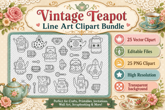 Vintage Teapot Line Art Clipart Bundle: Elevating Your Creative Projects with Timeless Charm